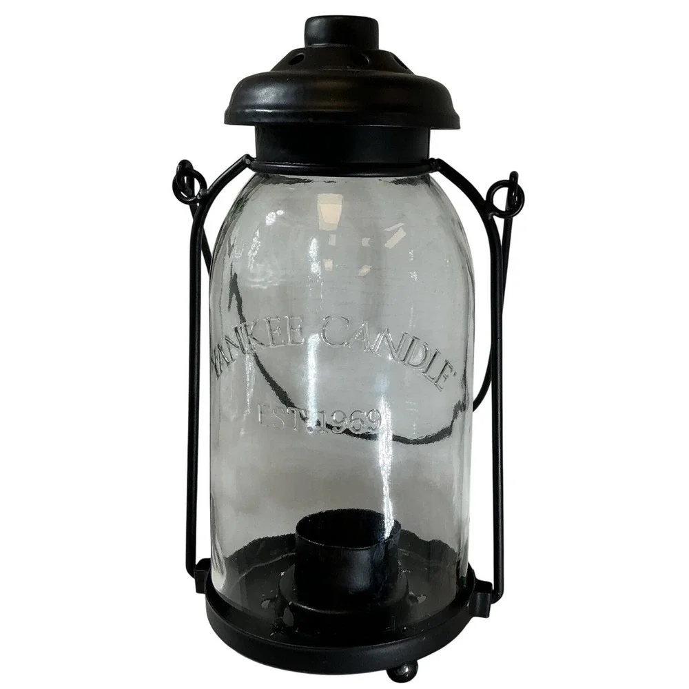 Yankee Candle Glass Jar Lantern Holder Black Metal Frame Vented Lid Est 1969